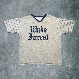 Vintage 1970s Wake Forest Ringer V-Neck Jersey Tee Pinstripe Sleeves XL